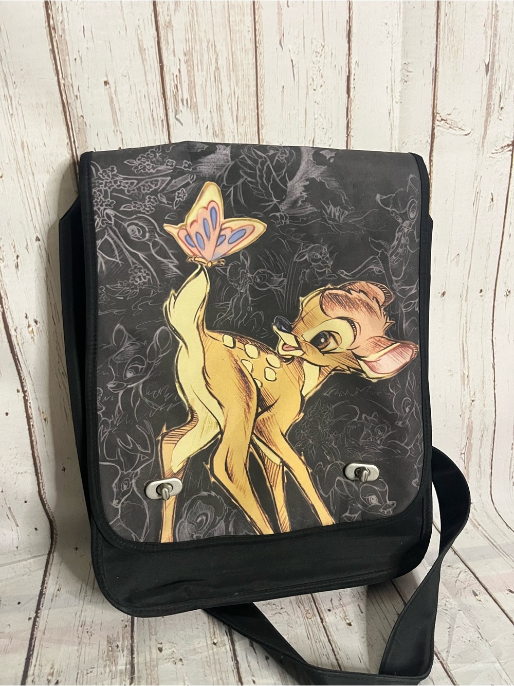 Bambi Messenger Bag Disney Store Black Shoulder Crossbody Bag Zippered Pocket